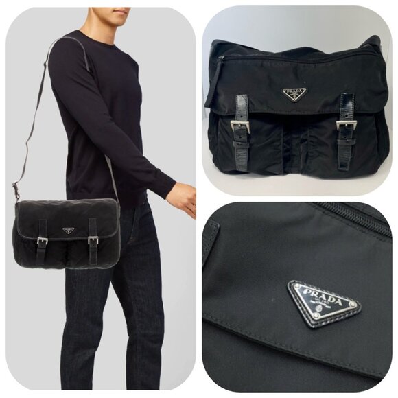 Prada Other - Prada Tessuto Vintage Nylon Saffiano Vela large Messenger Bag Black
